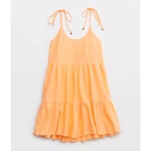 Aerie Magic Hour Boho Tiered Mini Dress Orange Cotton Beach Swim Cover Up Medium